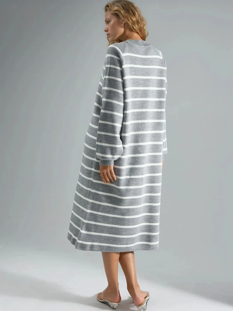 MY FASHION Grey MY FASHION Long Sleeve Striped Ribbed Knit Dress for Women | Best Price UAE